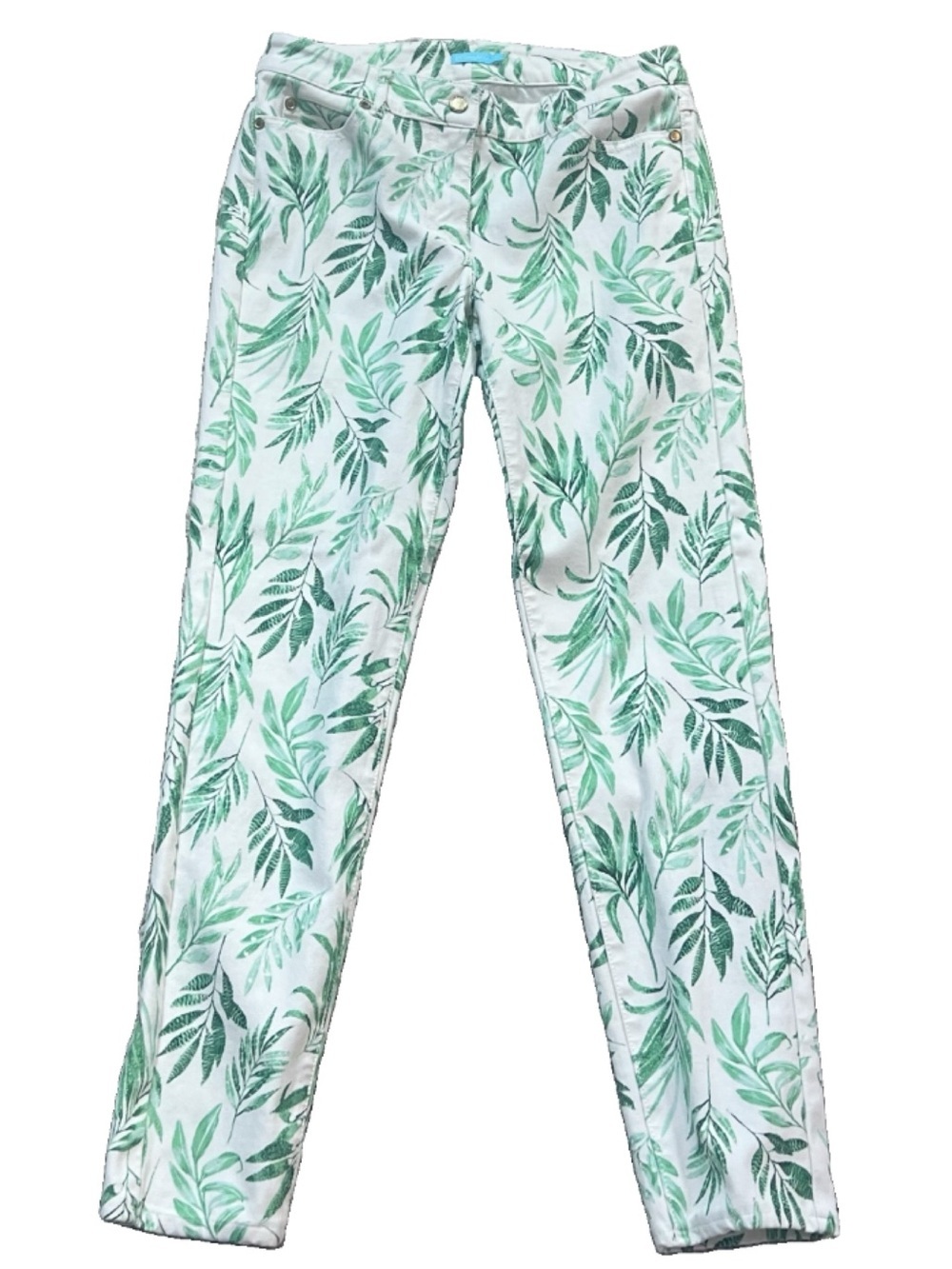J. McLaughlin Lexi Beaumont Leaf Print Skinny Jeans Green White Low Rise 4